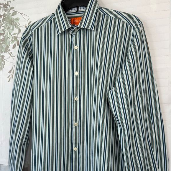 Tallia Mens Green Blue Striped Collard Button Up Dress Up Shirt Medium M 15 1/2 - Picture 3 of 12